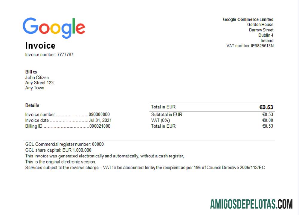 em branco Modelo de fatura do Google nos EUA